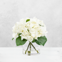 Faux hydrangea centerpiece arrangement in glass vase-2