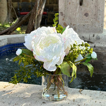 Faux peony arrangement in glass vase - 10"-0